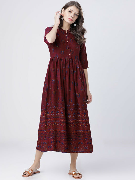 Buy Burgundy Printed Woven Maxi Dress Online | Ethnic Elegance – Indiaista