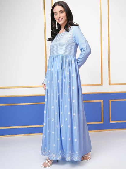 Buy Blue Embroidered Gown Dress Online – Ethnic Maxi Dress | Indiaista