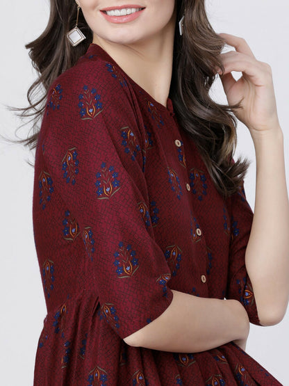 Buy Burgundy Printed Woven Maxi Dress Online | Ethnic Elegance – Indiaista