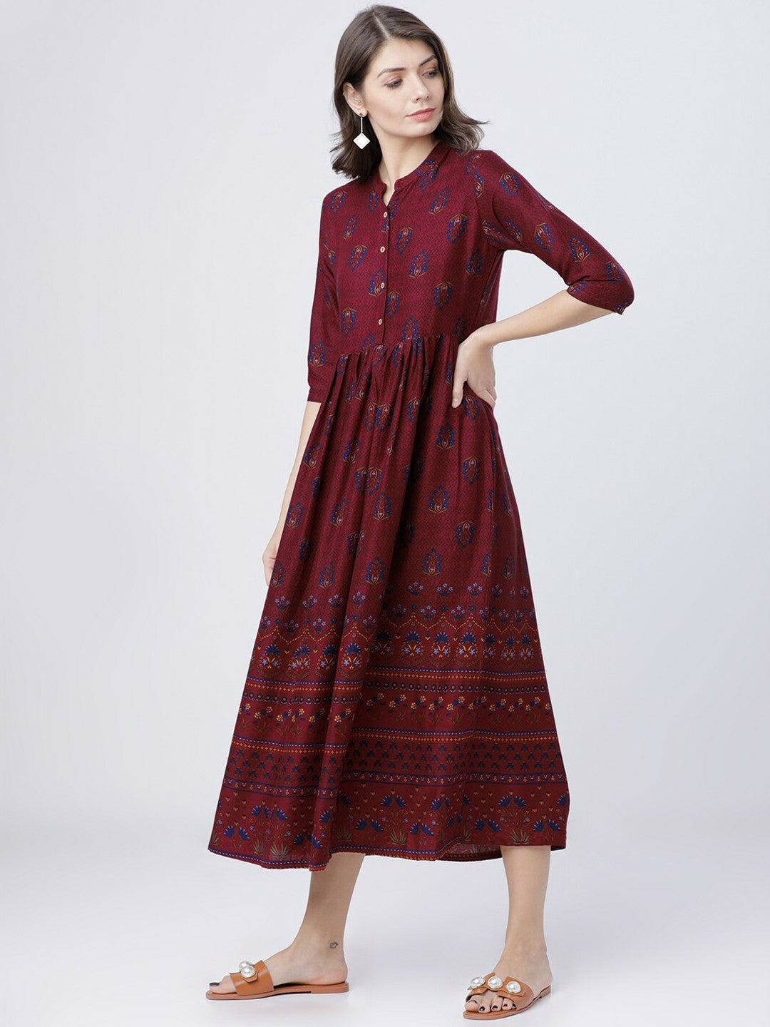 Buy Burgundy Printed Woven Maxi Dress Online | Ethnic Elegance – Indiaista