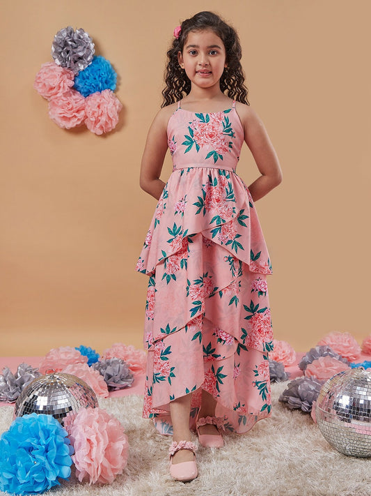 Buy Girls Floral Printed Layered Maxi Dress – Peach & Green | Indiaista