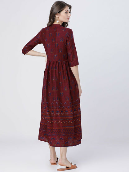 Buy Burgundy Printed Woven Maxi Dress Online | Ethnic Elegance – Indiaista