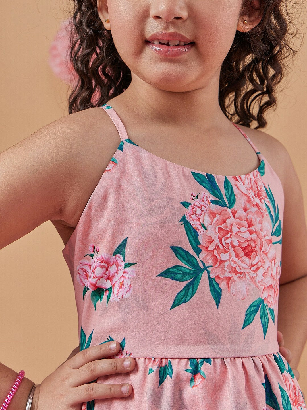 Buy Girls Floral Printed Layered Maxi Dress – Peach & Green | Indiaista