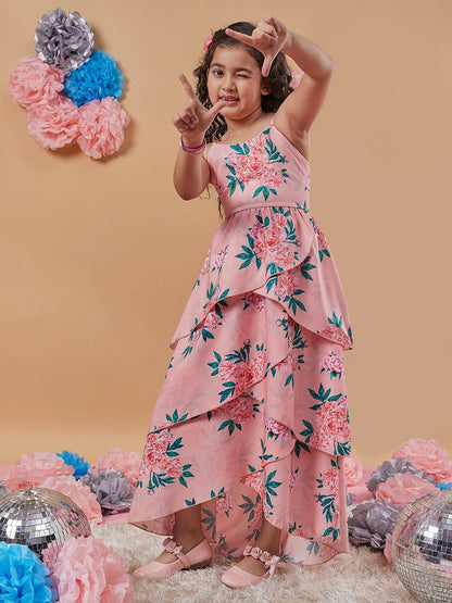 Buy Girls Floral Printed Layered Maxi Dress – Peach & Green | Indiaista