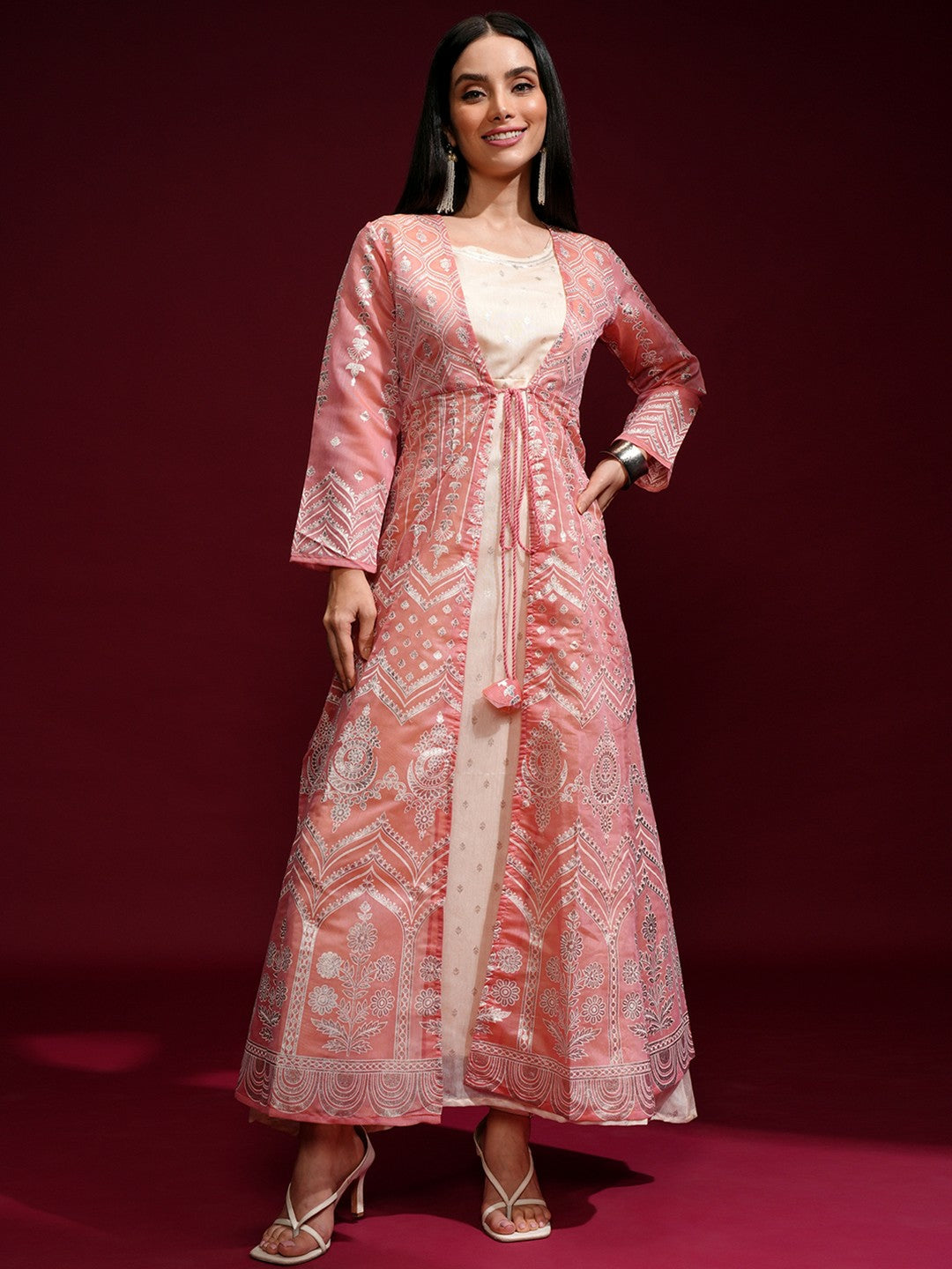 Peach Ethnic Motif Maxi Dress with Jacket – Stylish & Elegant | Indiaista