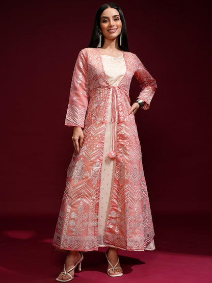 Peach Ethnic Motif Maxi Dress with Jacket – Stylish & Elegant | Indiaista