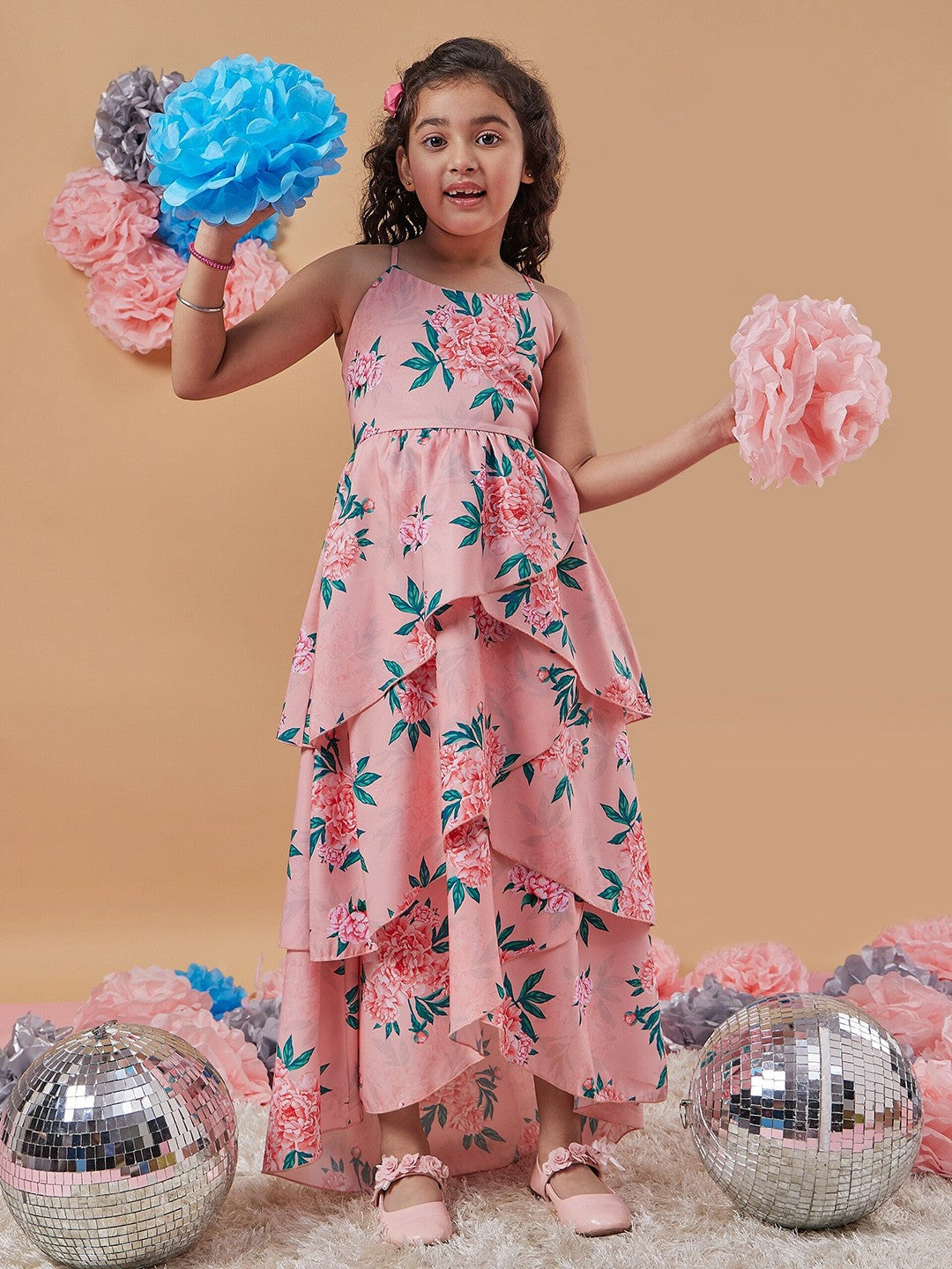 Buy Girls Floral Printed Layered Maxi Dress – Peach & Green | Indiaista