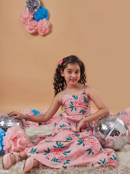 Buy Girls Floral Printed Layered Maxi Dress – Peach & Green | Indiaista