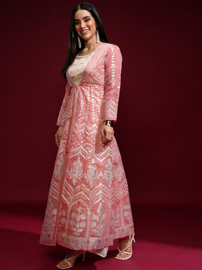 Peach Ethnic Motif Maxi Dress with Jacket – Stylish & Elegant | Indiaista