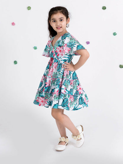 Buy Girls White & Blue Tropical Printed Fit & Flare Dress – Indiaista