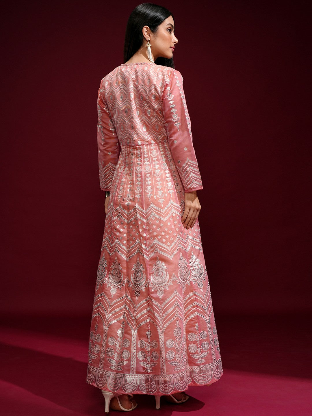 Peach Ethnic Motif Maxi Dress with Jacket – Stylish & Elegant | Indiaista