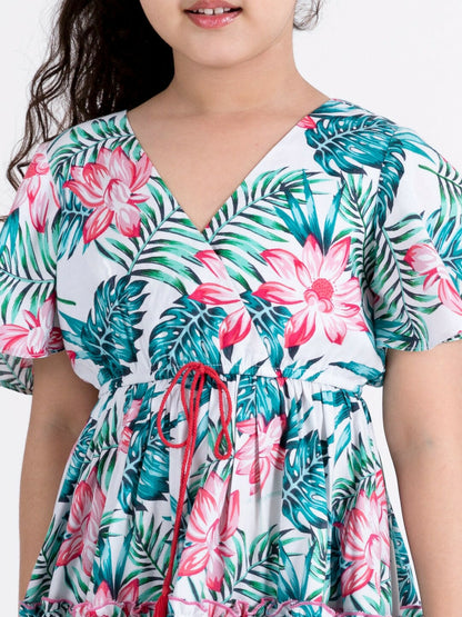 Buy Girls White & Blue Tropical Printed Fit & Flare Dress – Indiaista