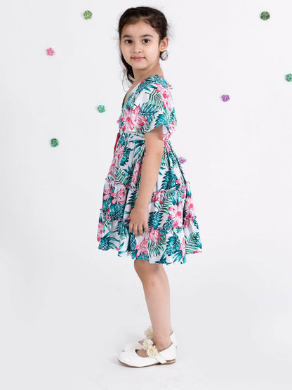 Buy Girls White & Blue Tropical Printed Fit & Flare Dress – Indiaista