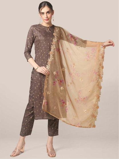 Women’s Beige & Gold Embroidered Organza Dupatta with Zardozi – Elegant Ethnic Drape | Indiaista