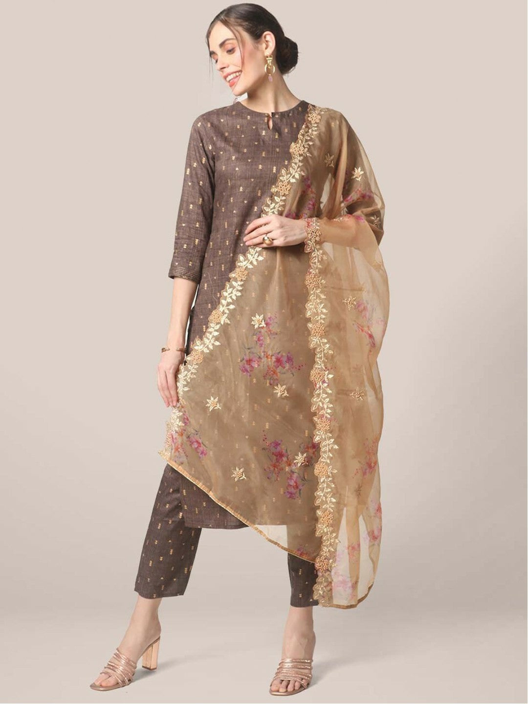 Women’s Beige & Gold Embroidered Organza Dupatta with Zardozi – Elegant Ethnic Drape | Indiaista