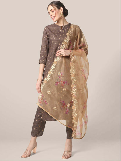 Women’s Beige & Gold Embroidered Organza Dupatta with Zardozi – Elegant Ethnic Drape | Indiaista