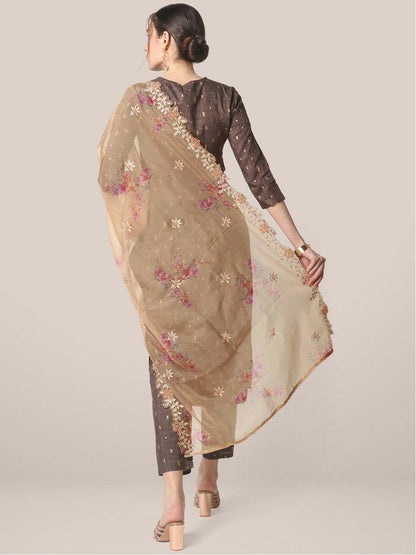 Women’s Beige & Gold Embroidered Organza Dupatta with Zardozi – Elegant Ethnic Drape | Indiaista