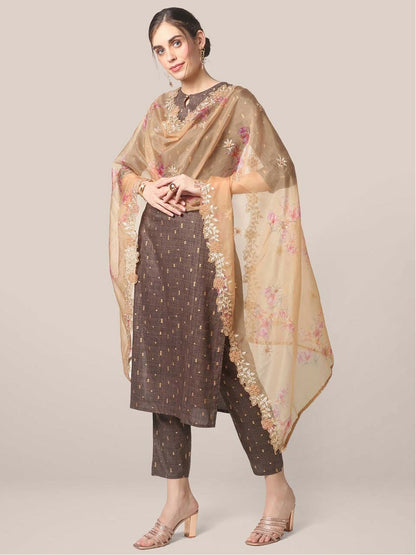 Women’s Beige & Gold Embroidered Organza Dupatta with Zardozi – Elegant Ethnic Drape | Indiaista