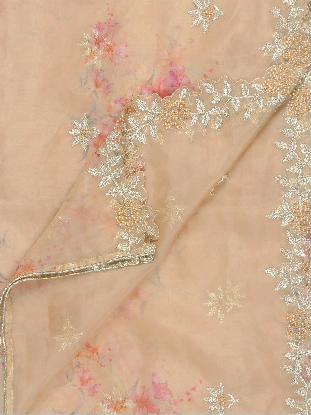 Women’s Beige & Gold Embroidered Organza Dupatta with Zardozi – Elegant Ethnic Drape | Indiaista