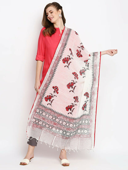 White & Red Hand-Painted Dupatta – Floral Print Ethnic Scarf with Tassel Border