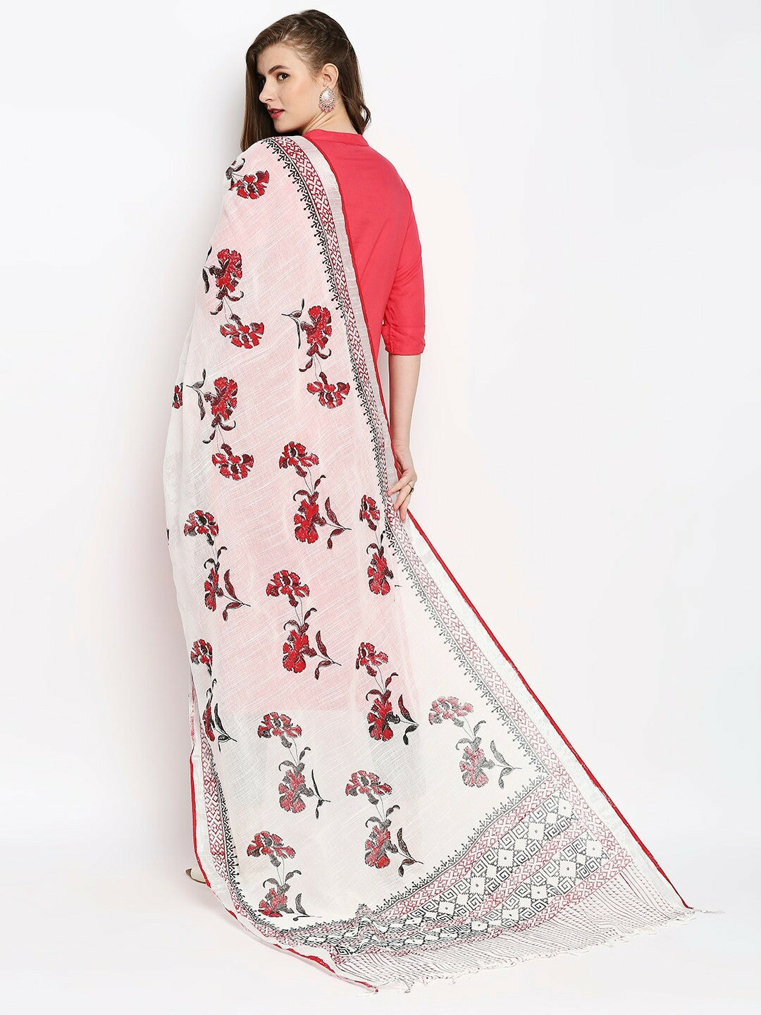 White & Red Hand-Painted Dupatta – Floral Print Ethnic Scarf with Tassel Border