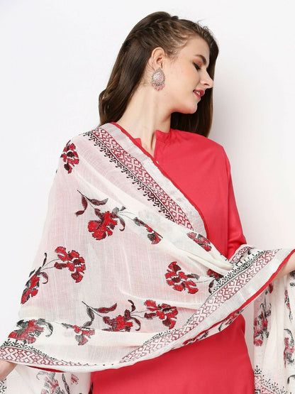 White & Red Hand-Painted Dupatta – Floral Print Ethnic Scarf with Tassel Border