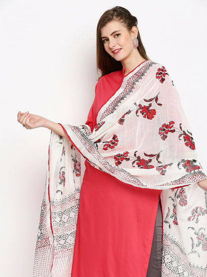 White & Red Hand-Painted Dupatta – Floral Print Ethnic Scarf with Tassel Border