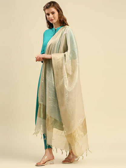 Gold-Toned Woven Design Dupatta – Elegant Ethnic Drape with Tassel Border