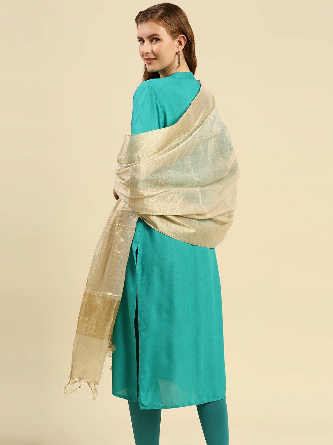 Gold-Toned Woven Design Dupatta – Elegant Ethnic Drape with Tassel Border