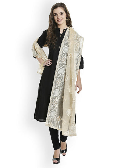 Elegant Cream & Beige Embroidered Dupatta – Ethnic Women's Dupatta with Fringed Border