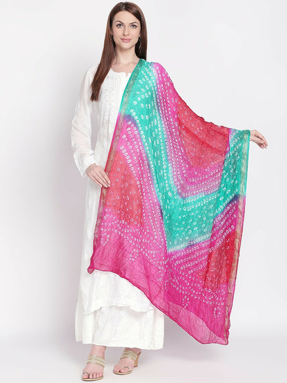 Pink & Turquoise Blue Bandhani Dupatta – Traditional Tie-Dye with Woven Border | Indiaista