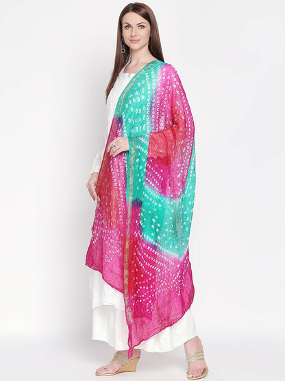 Pink & Turquoise Blue Bandhani Dupatta – Traditional Tie-Dye with Woven Border | Indiaista