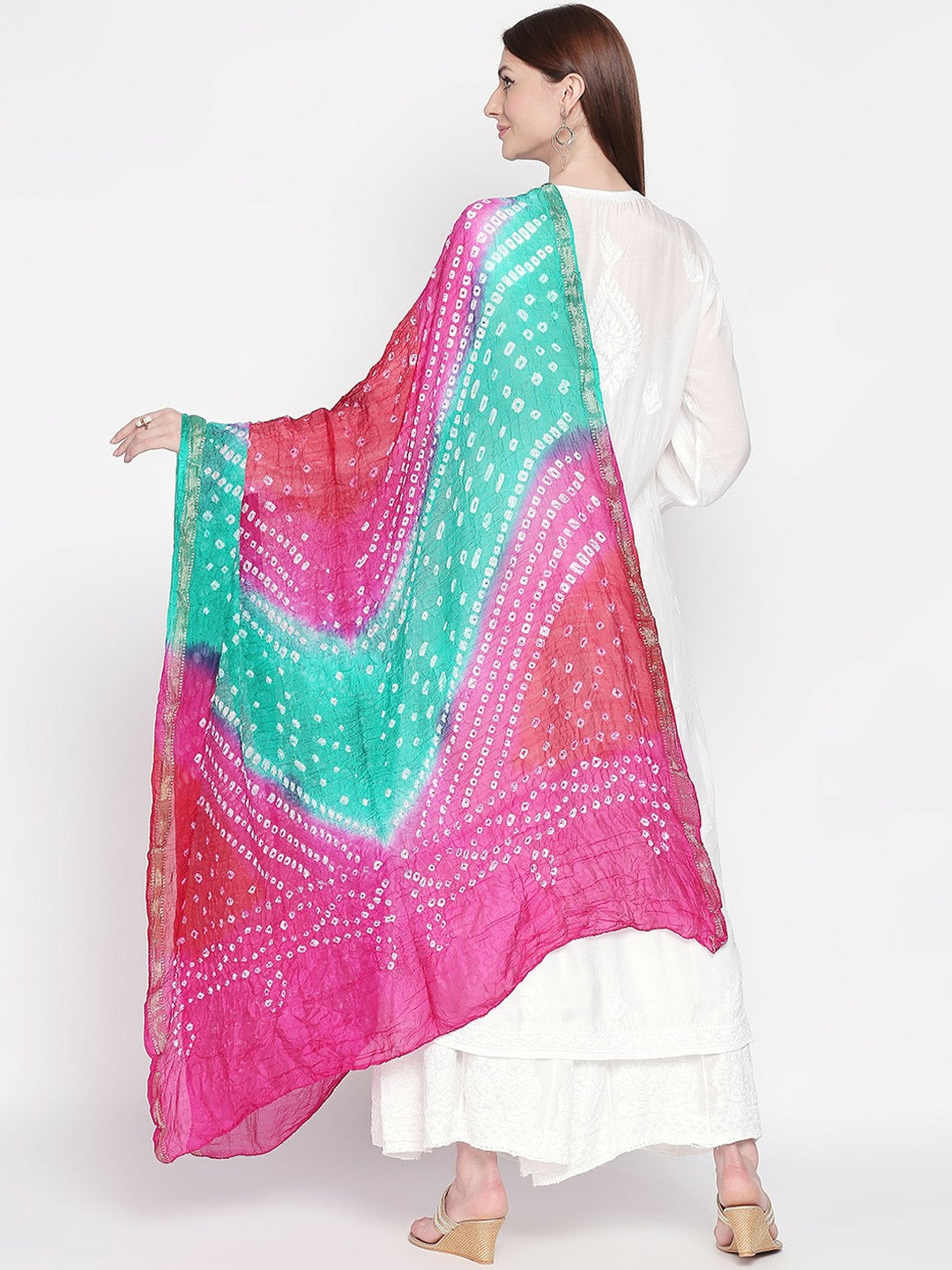 Pink & Turquoise Blue Bandhani Dupatta – Traditional Tie-Dye with Woven Border | Indiaista