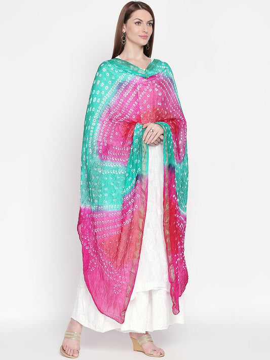 Pink & Turquoise Blue Bandhani Dupatta – Traditional Tie-Dye with Woven Border | Indiaista