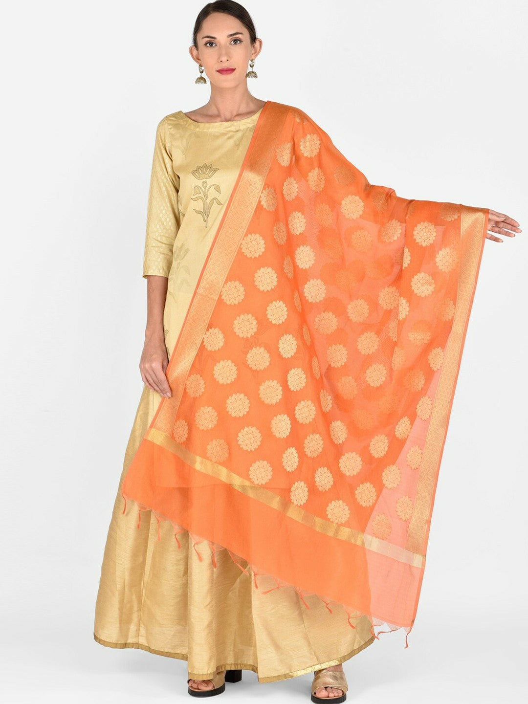 Orange & Gold-Toned Woven Dupatta with Tassel Border – Elegant Ethnic Wrap for Women