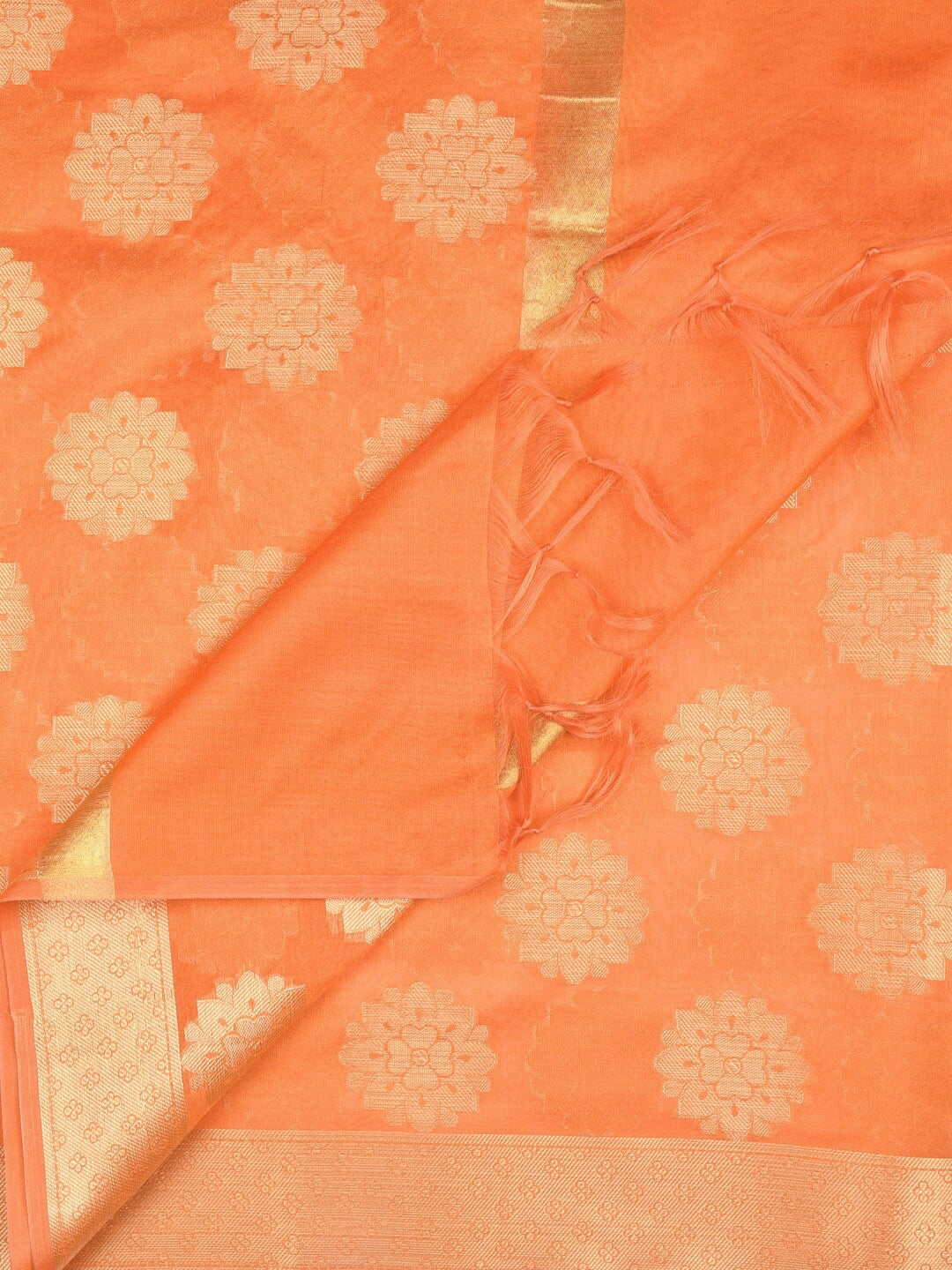 Orange & Gold-Toned Woven Dupatta with Tassel Border – Elegant Ethnic Wrap for Women