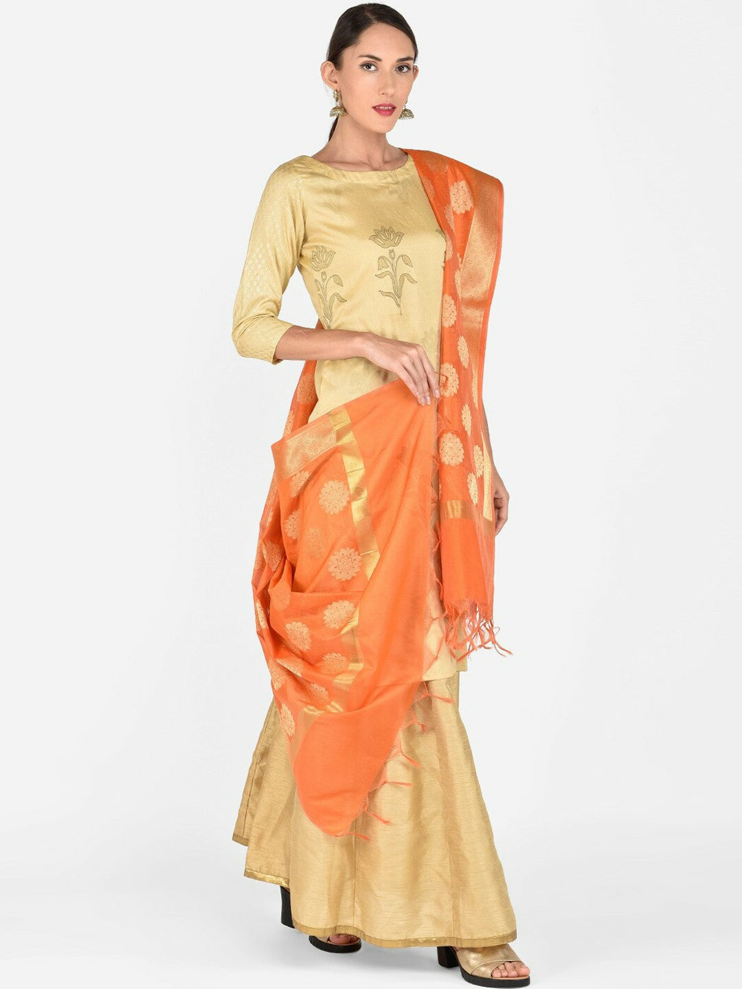 Orange & Gold-Toned Woven Dupatta with Tassel Border – Elegant Ethnic Wrap for Women