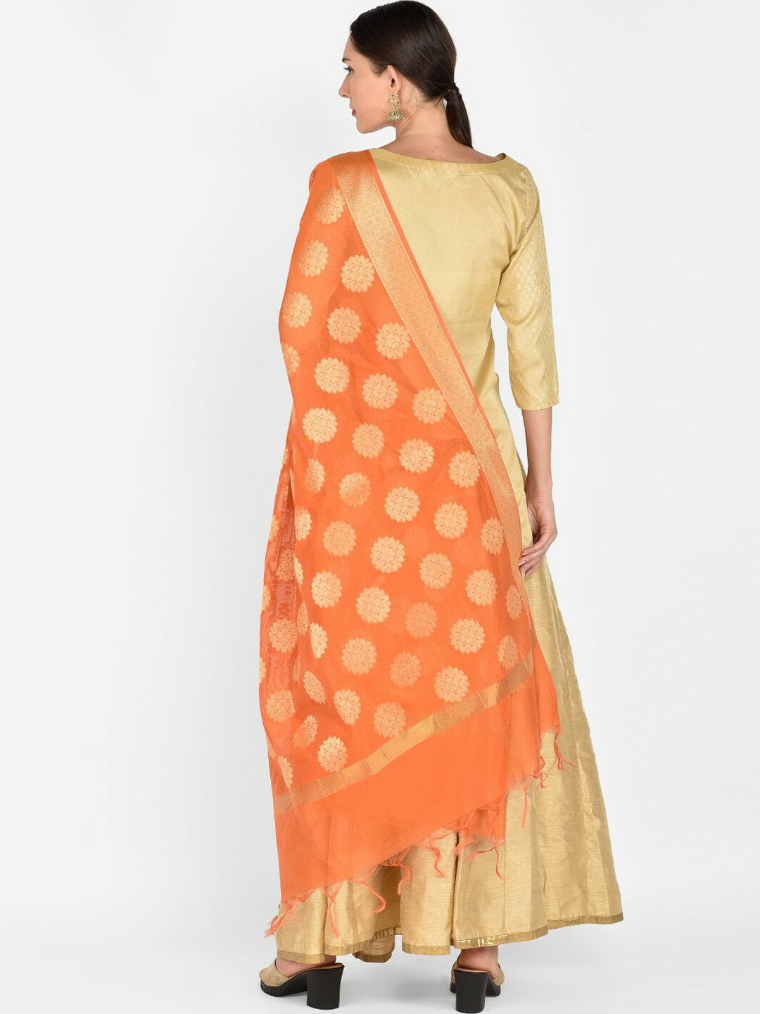 Orange & Gold-Toned Woven Dupatta with Tassel Border – Elegant Ethnic Wrap for Women