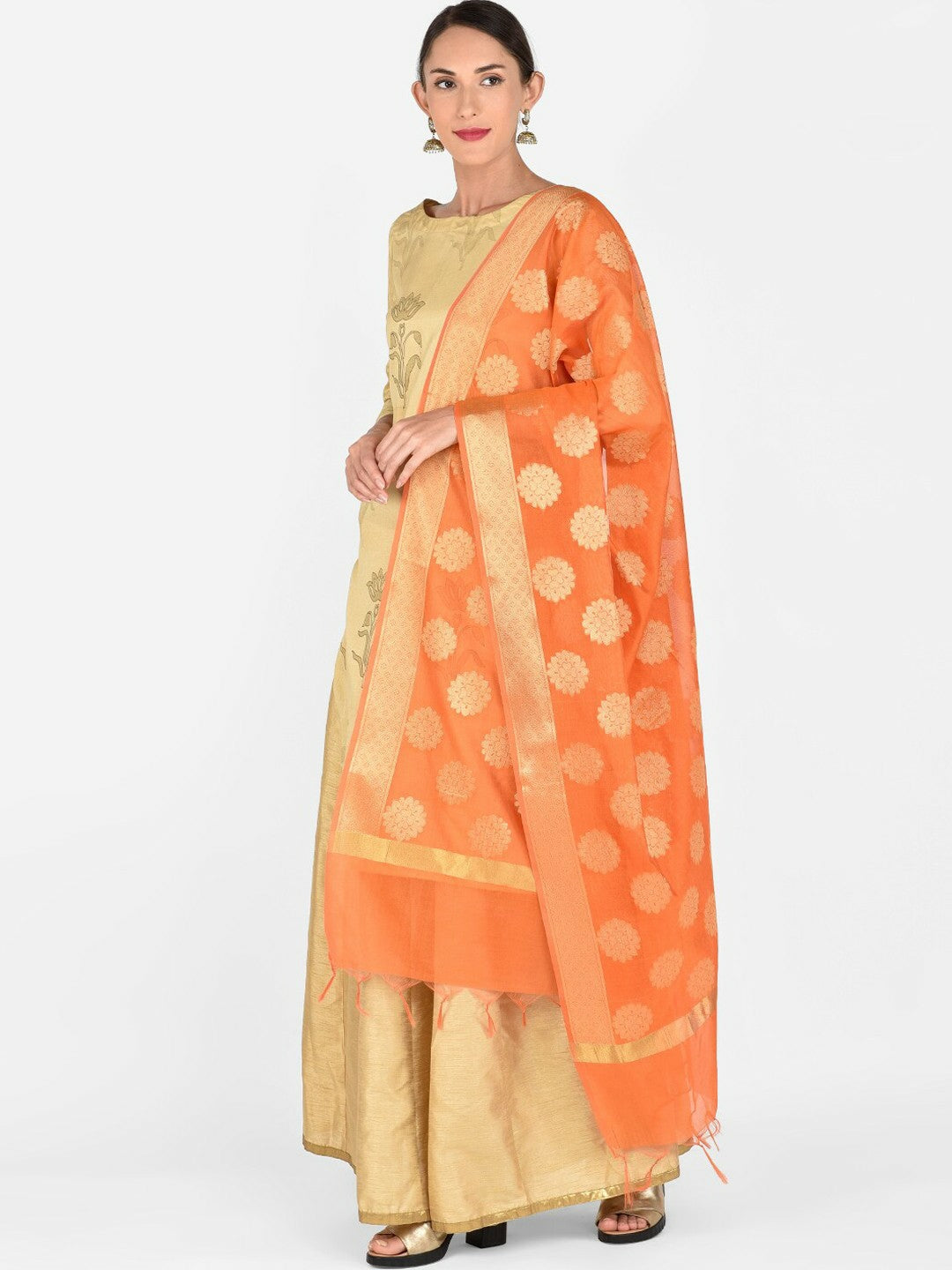 Orange & Gold-Toned Woven Dupatta with Tassel Border – Elegant Ethnic Wrap for Women