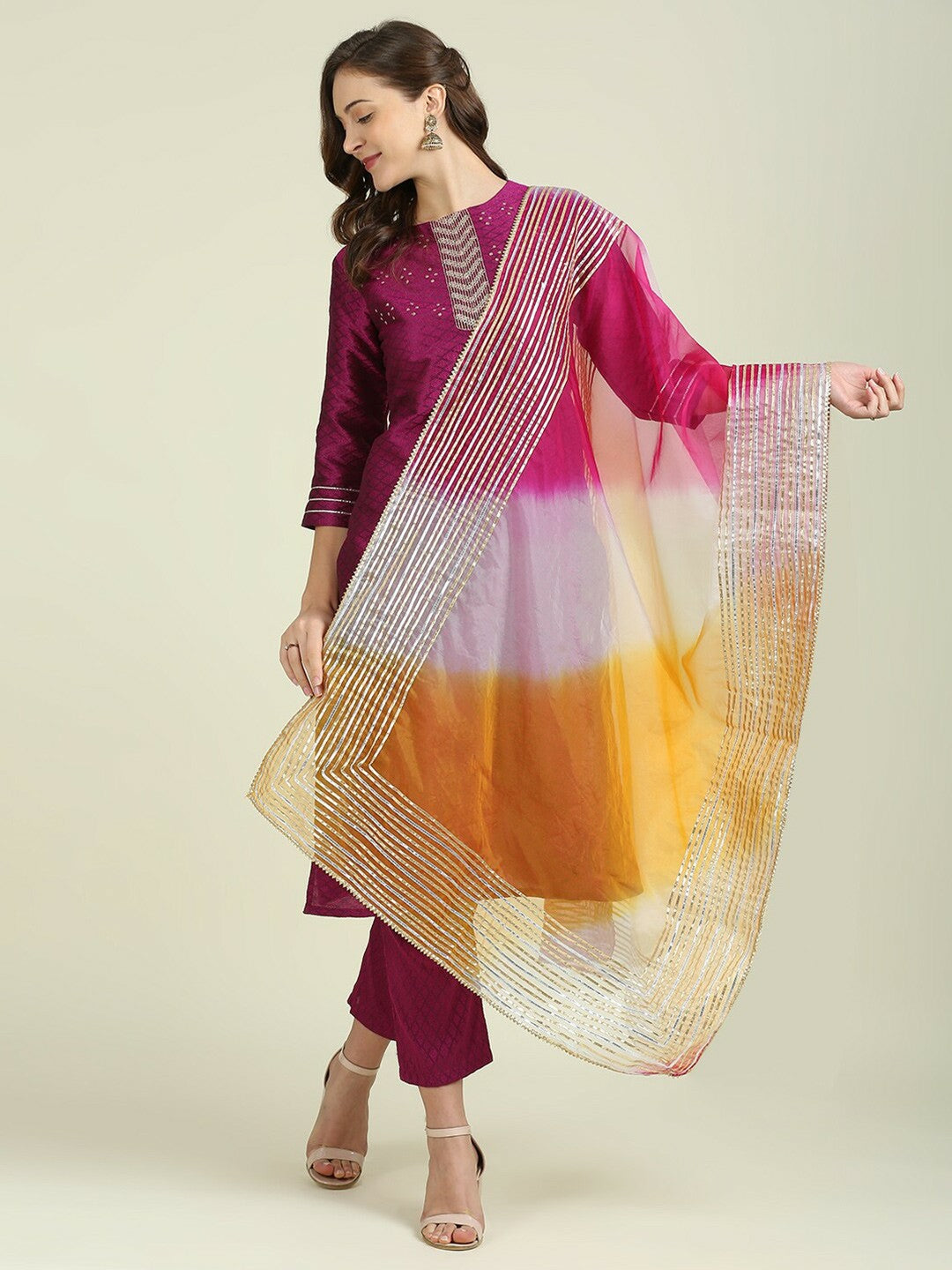 Pink & Orange Dyed Organza Dupatta with Gotta Patti – Ethnic Embellished Dupatta for Women