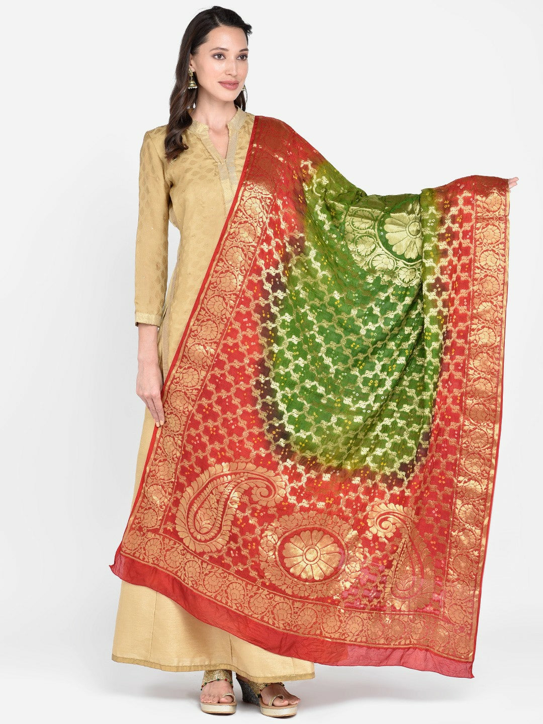 Red & Green Banarasi Bandhej Gharchola Silk Dupatta – Traditional Indian Ethnic Wear