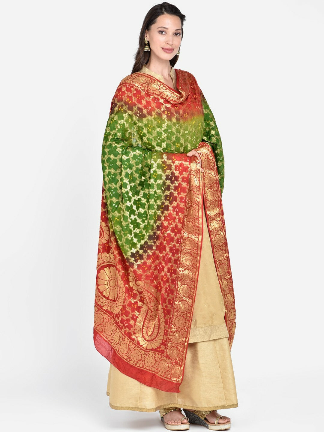 Red & Green Banarasi Bandhej Gharchola Silk Dupatta – Traditional Indian Ethnic Wear