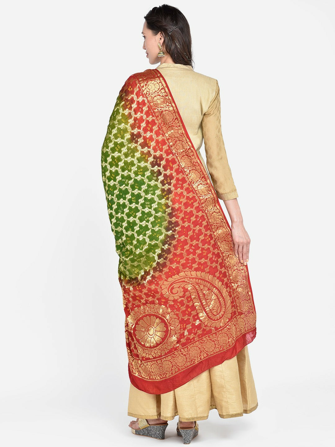 Red & Green Banarasi Bandhej Gharchola Silk Dupatta – Traditional Indian Ethnic Wear