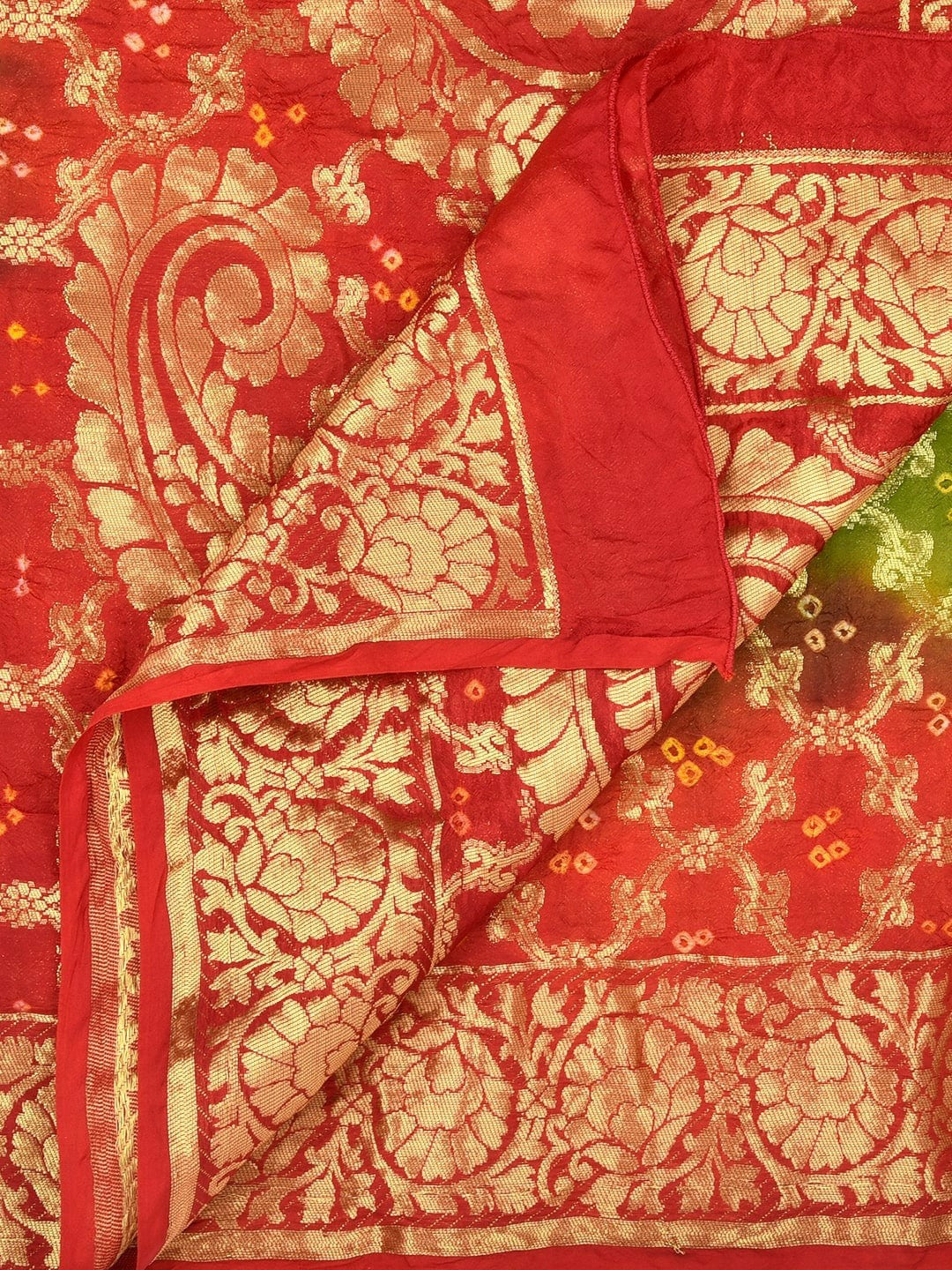 Red & Green Banarasi Bandhej Gharchola Silk Dupatta – Traditional Indian Ethnic Wear