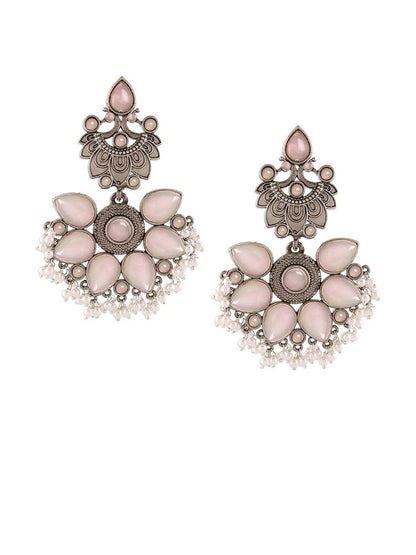 Women Gold-Plated Oxidised Floral Drop Earrings – Elegant Pink Stone Jewelry