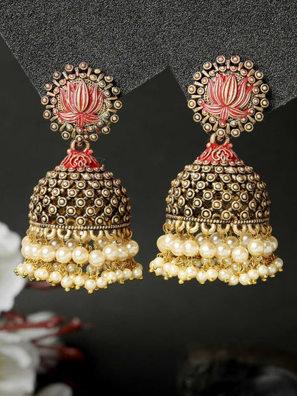 Women Gold-Plated Pearl Studded Jhumkas – Antique Dome-Shaped Earrings | Indiaista