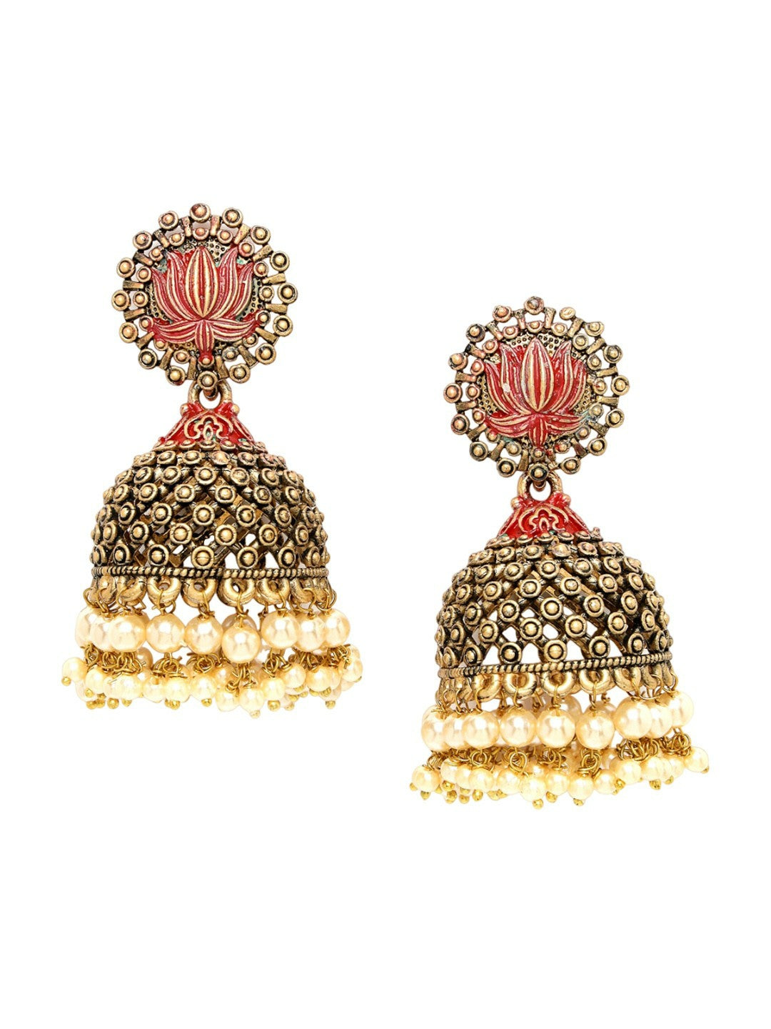 Women Gold-Plated Pearl Studded Jhumkas – Antique Dome-Shaped Earrings | Indiaista