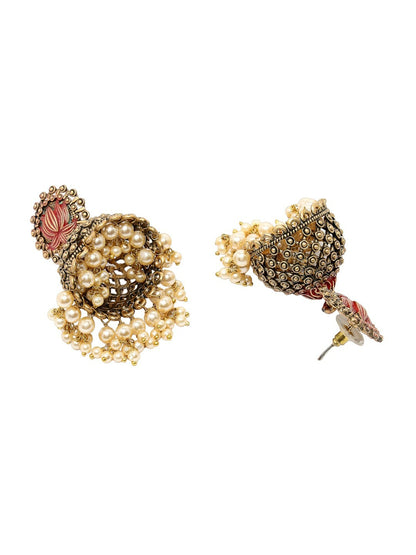 Women Gold-Plated Pearl Studded Jhumkas – Antique Dome-Shaped Earrings | Indiaista