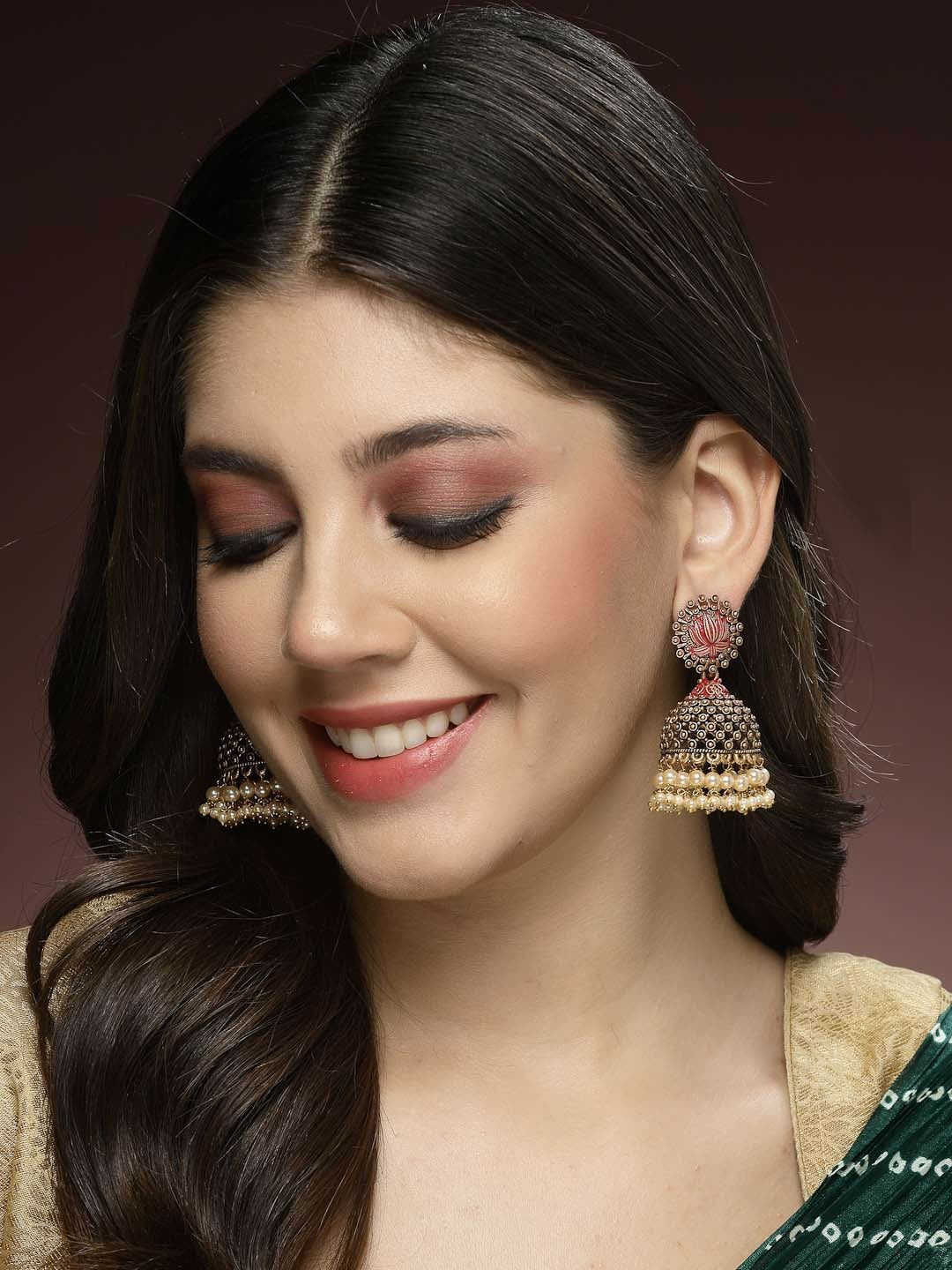 Women Gold-Plated Pearl Studded Jhumkas – Antique Dome-Shaped Earrings | Indiaista