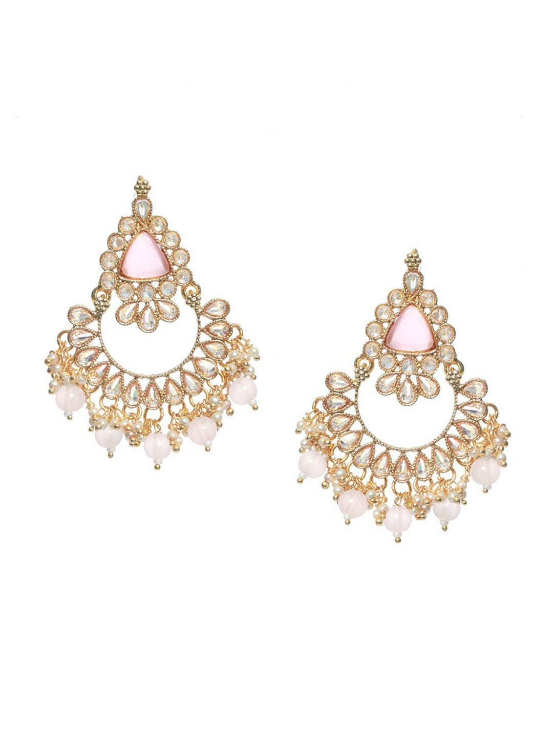 Women Gold Plated Kundan Chandbali Earrings – Pink Beaded Ethnic Jewelry | Indiaista